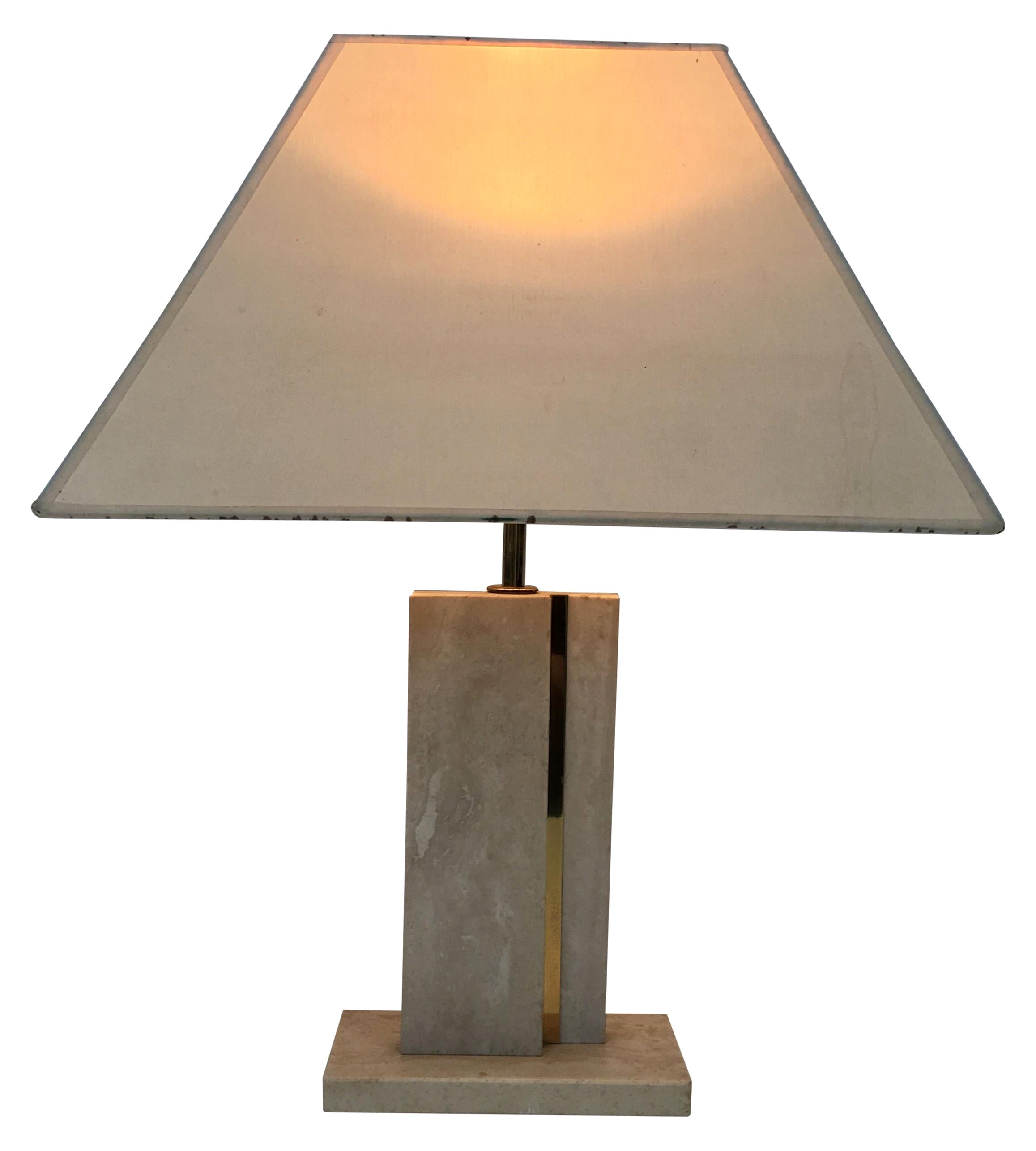 Travertine and Brass Table Lamp with Original Shade, French, circa 1970 For Sale