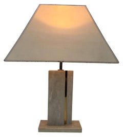 Travertine and Brass Table Lamp with Original Shade, French, circa 1970