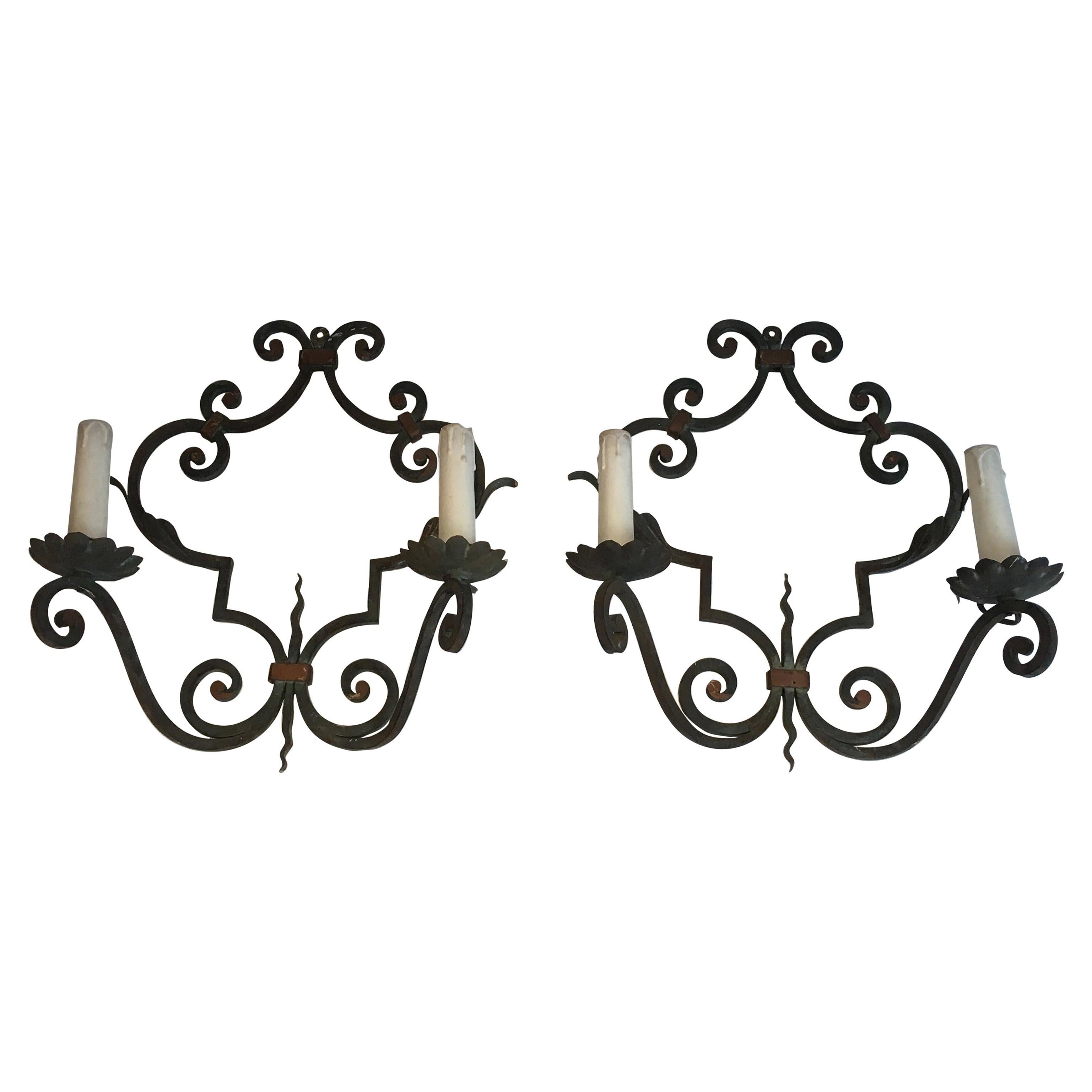Pair of Large Decorative Wrought Iron Wall Sconces, French, circa 1950