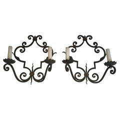 Pair of Large Decorative Wrought Iron Wall Sconces, French, circa 1950