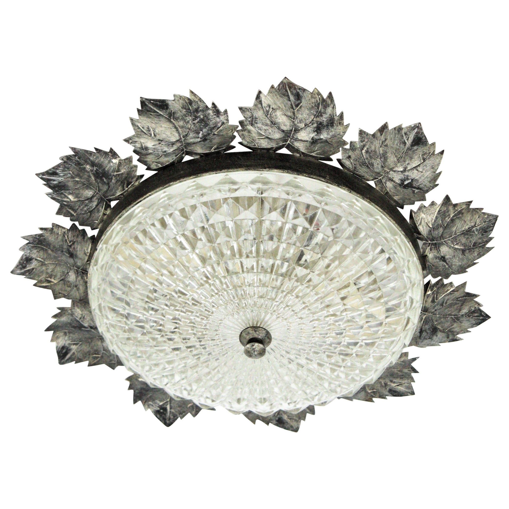 Mid-Century Modern Sunburst Silver Patinated Iron and Glass Flush Mount Light, Leaves Design For Sale