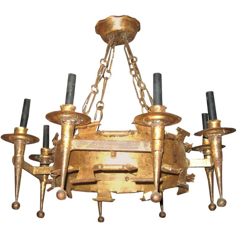 Midcentury Gilded Iron Hand-Forged Eight-Light French Chandelier