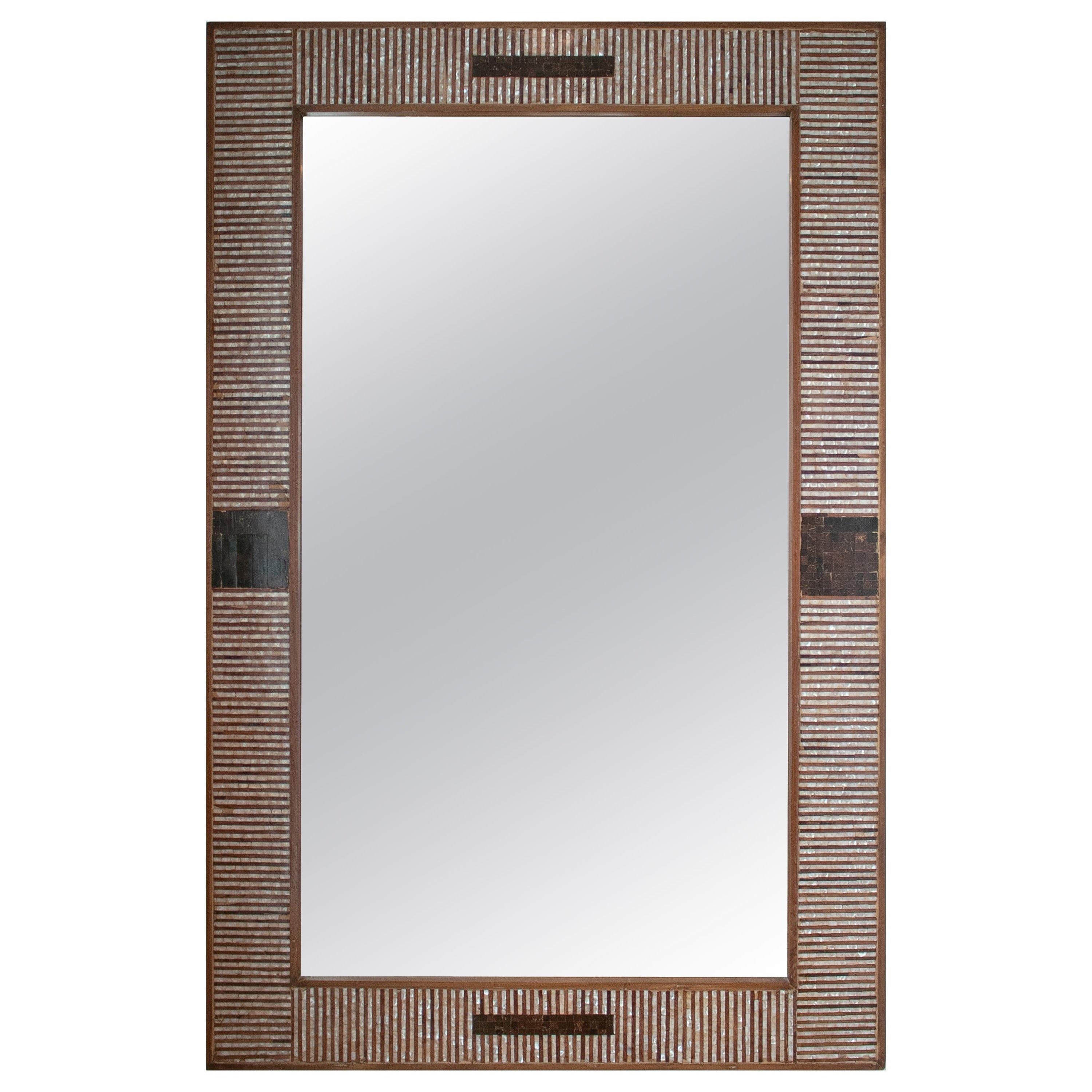 1980s Spanish Mother of Pearl and Coco Fiber Inlaid Mirror For Sale