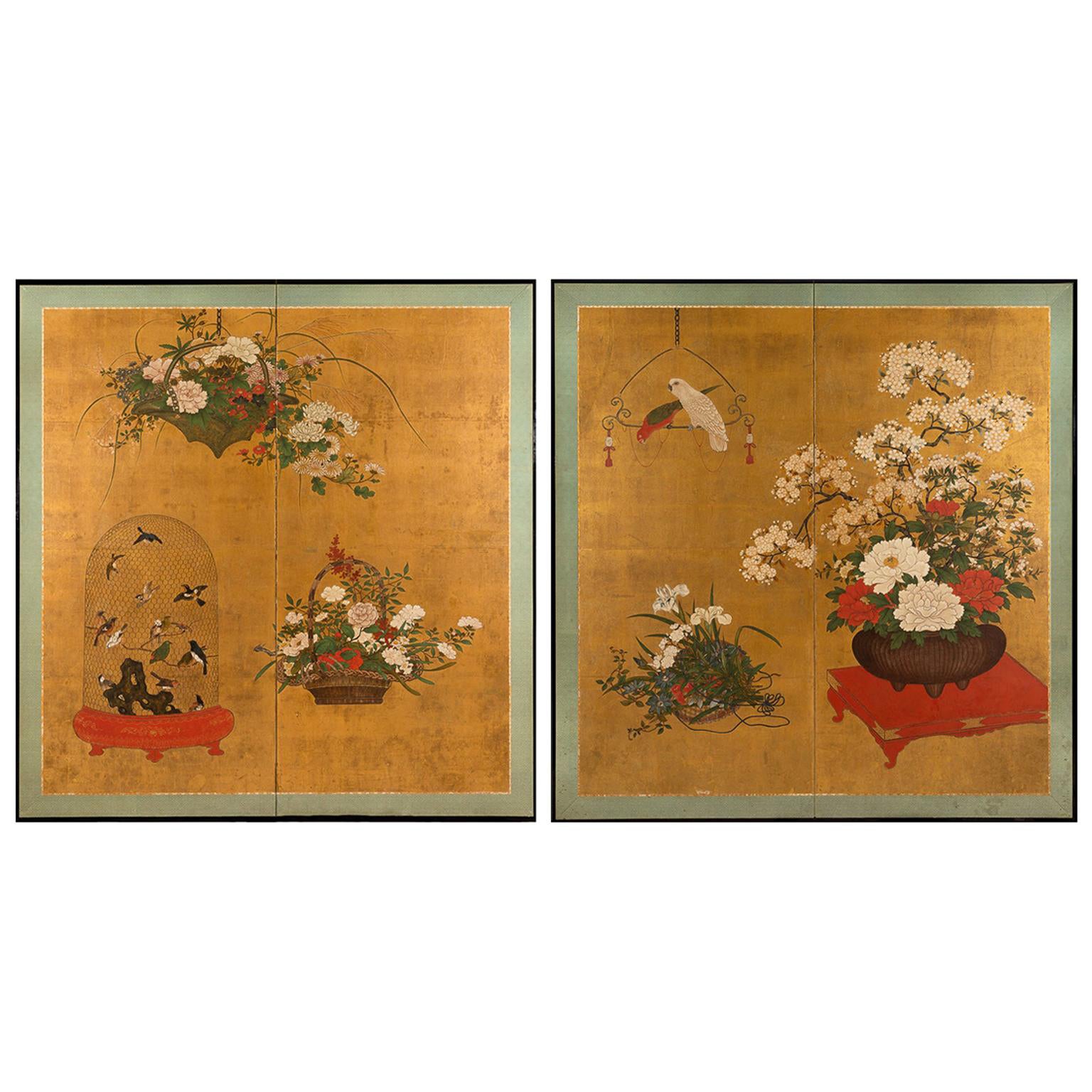 Pair of Japanese Two-Fold Screens with Flower Arrangements and Rare Birds For Sale