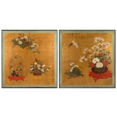 Pair of Japanese Two-Fold Screens with Flower Arrangements and Rare Birds