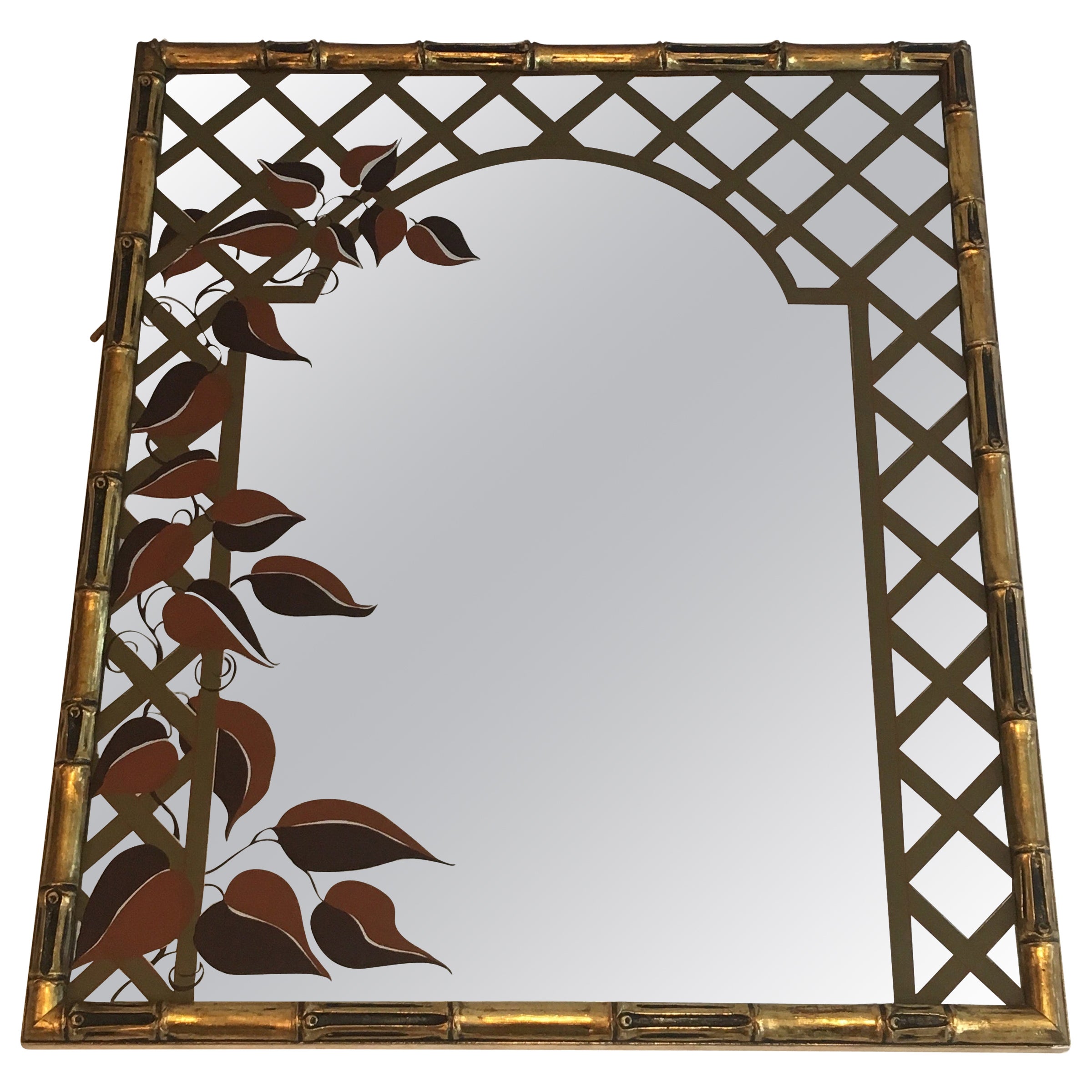 Miroir décoratif en bois doré imitation bambou avec décor floral imprimé, vers 1970