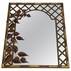Vintage Decorative Faux-Bamboo Gilt Wood Mirror with Printed Floral Decor, Circa 1970