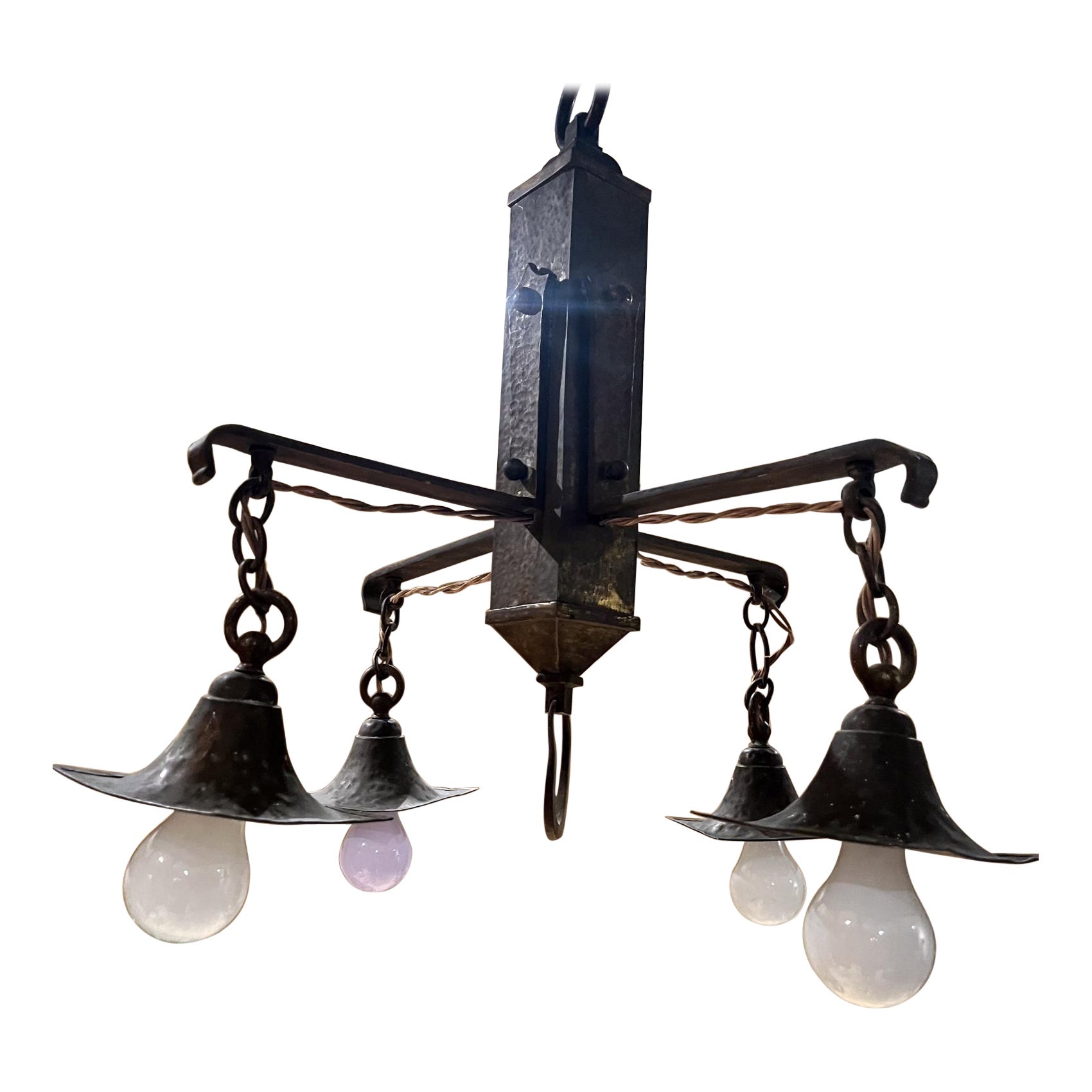 1930s Mission Chandelier Hammered Solid Brass Mexico For Sale