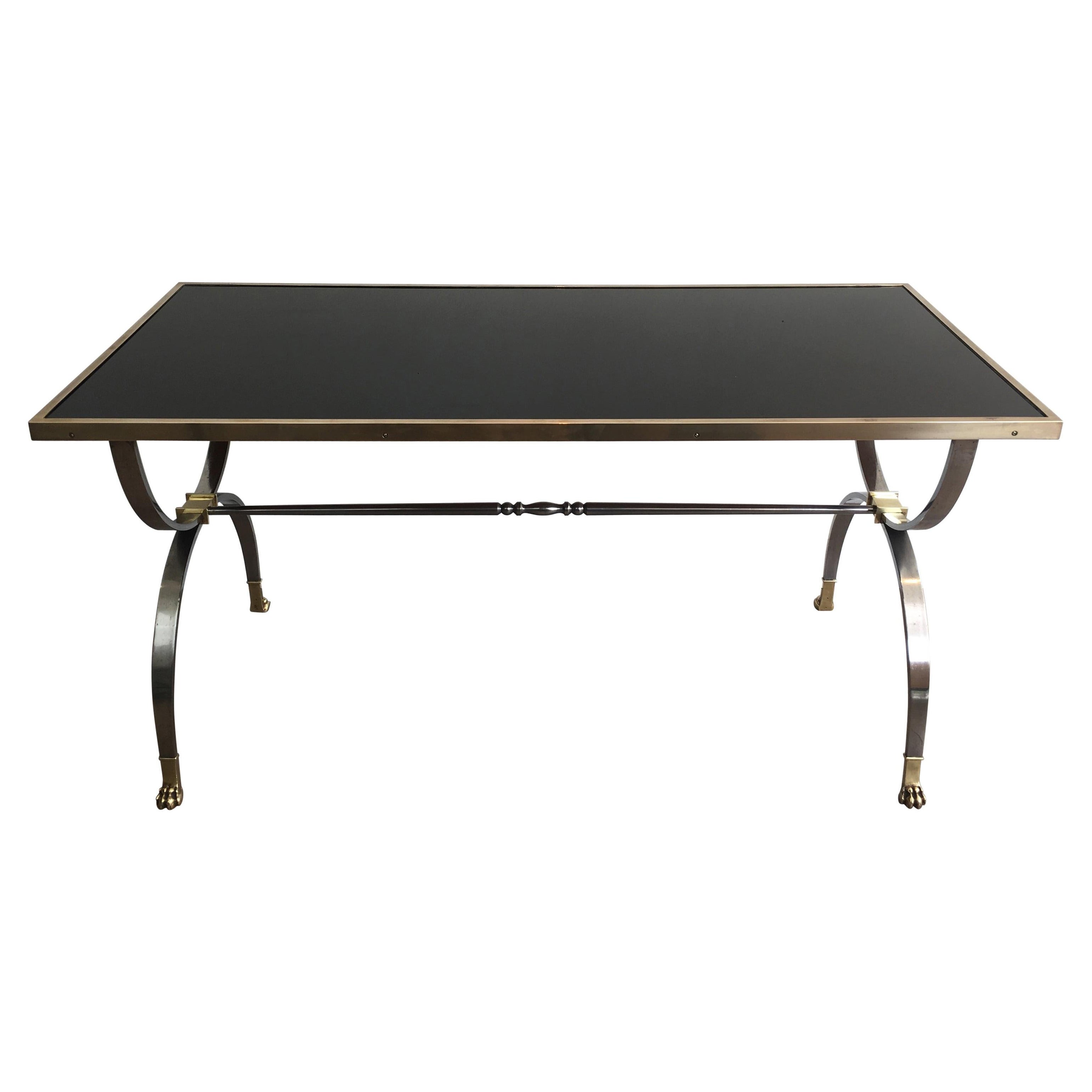 Maison Jansen, Rare Brushed Steel and Brass Neoclassical Style Coffee Table