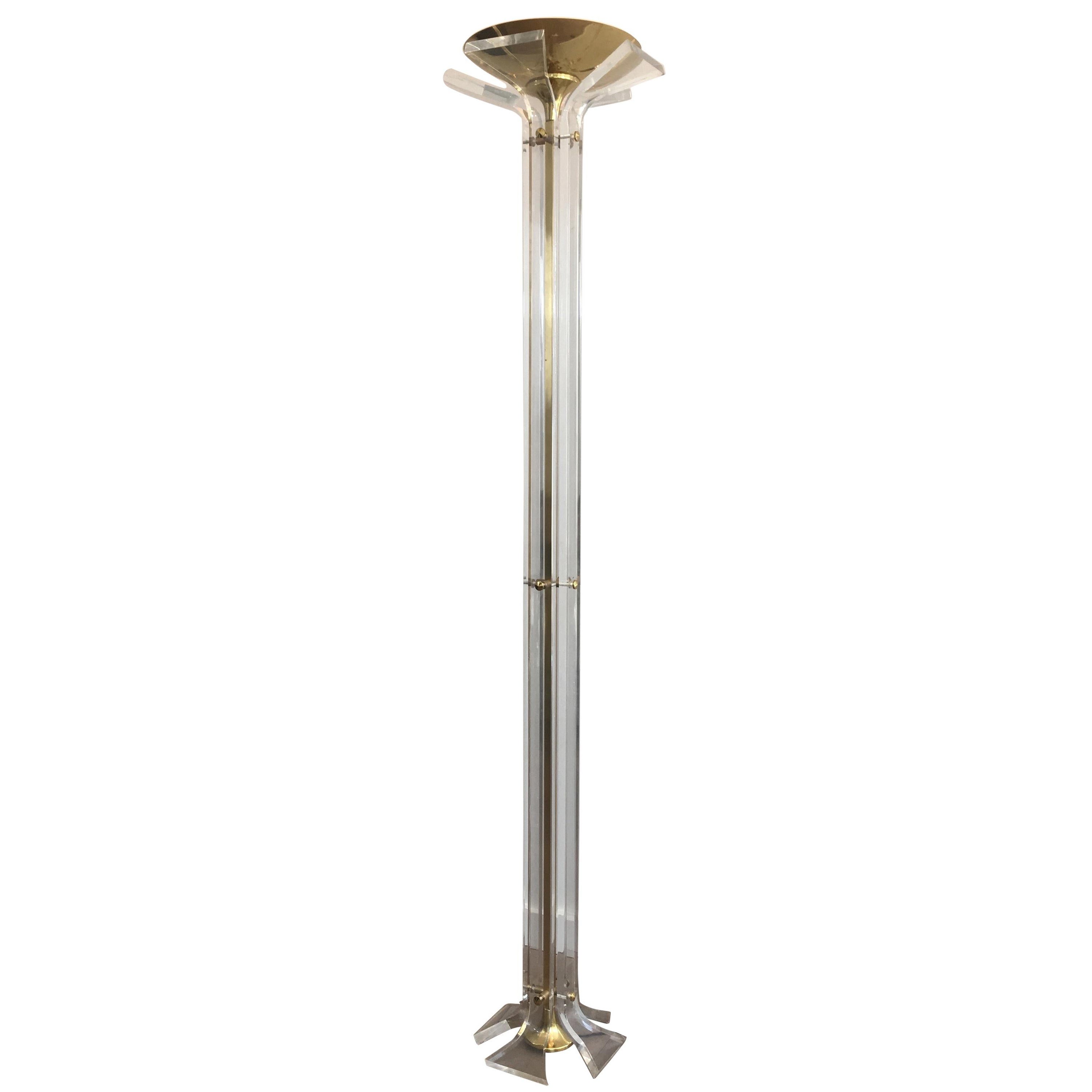In the Style of Romeo Rega, Rare Plexiglass and Gilt Brass Floor Lamp For Sale