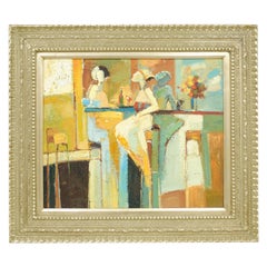 Alluring Art Deco Abstract Painting "Ladies Sharing Cocktails", c 1930