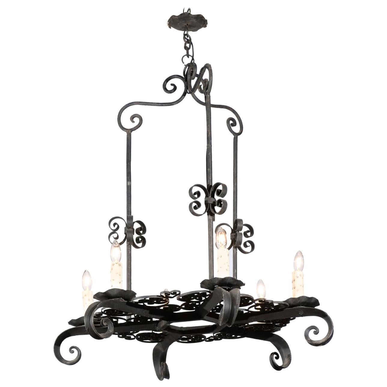 French 19th Century Black Iron Six-Light Chandelier with Scrolled Motifs