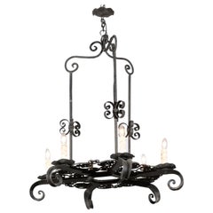 Antique French 19th Century Black Iron Six-Light Chandelier with Scrolled Motifs