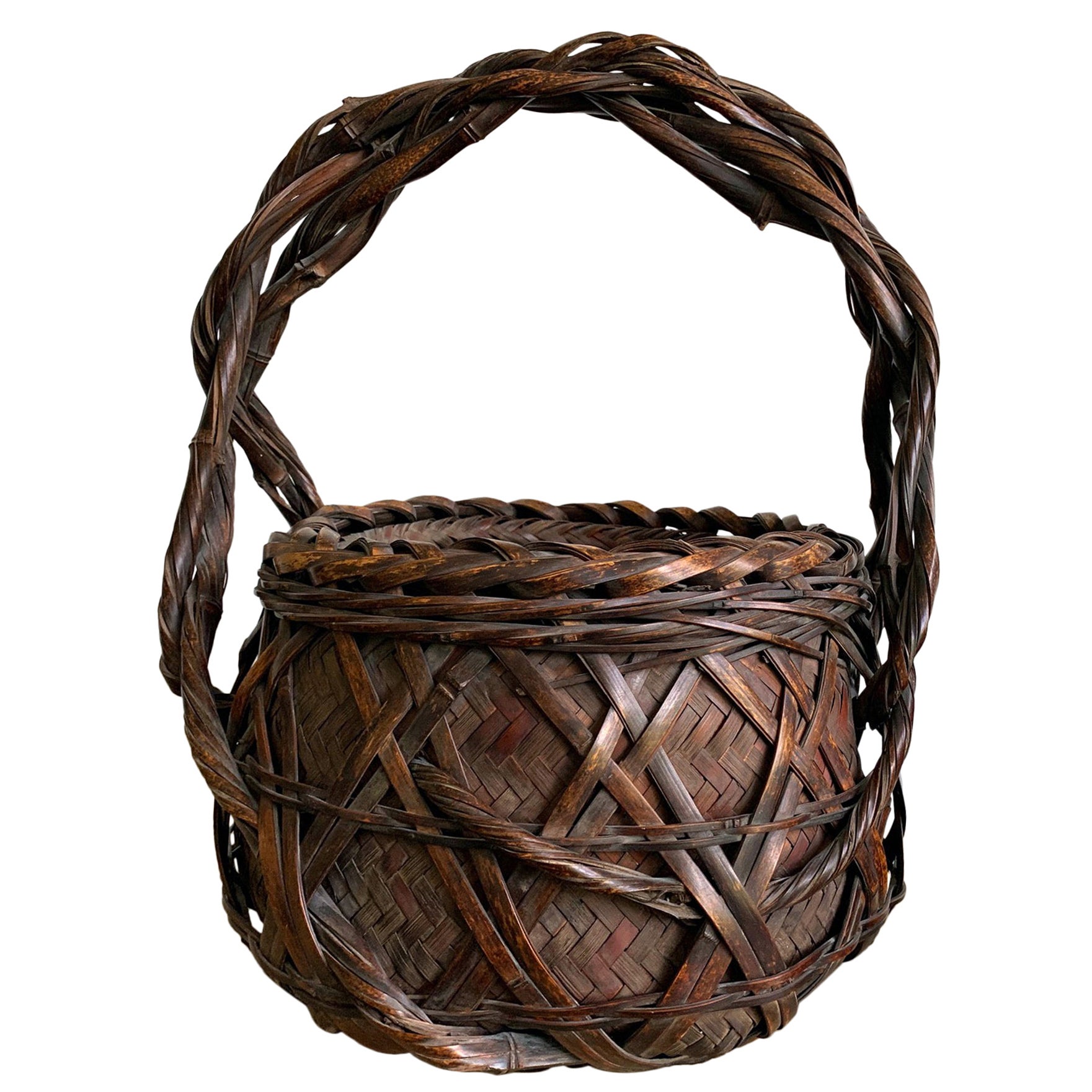 Japanese Hanging Bamboo Ikebana Basket Signed For Sale at 1stDibs
