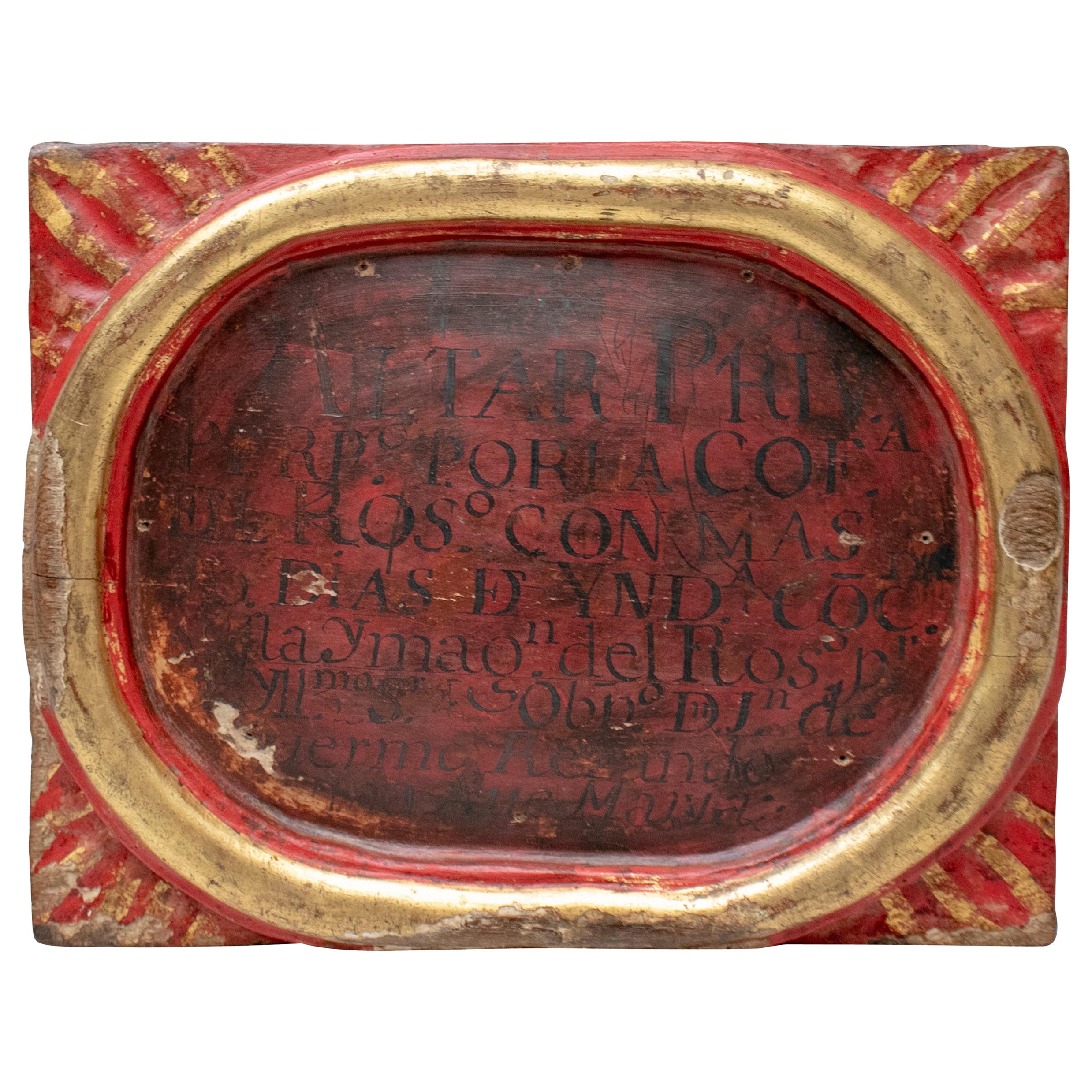 18th Century Spanish Church Painted Wooden Relief Framed Inscription For Sale