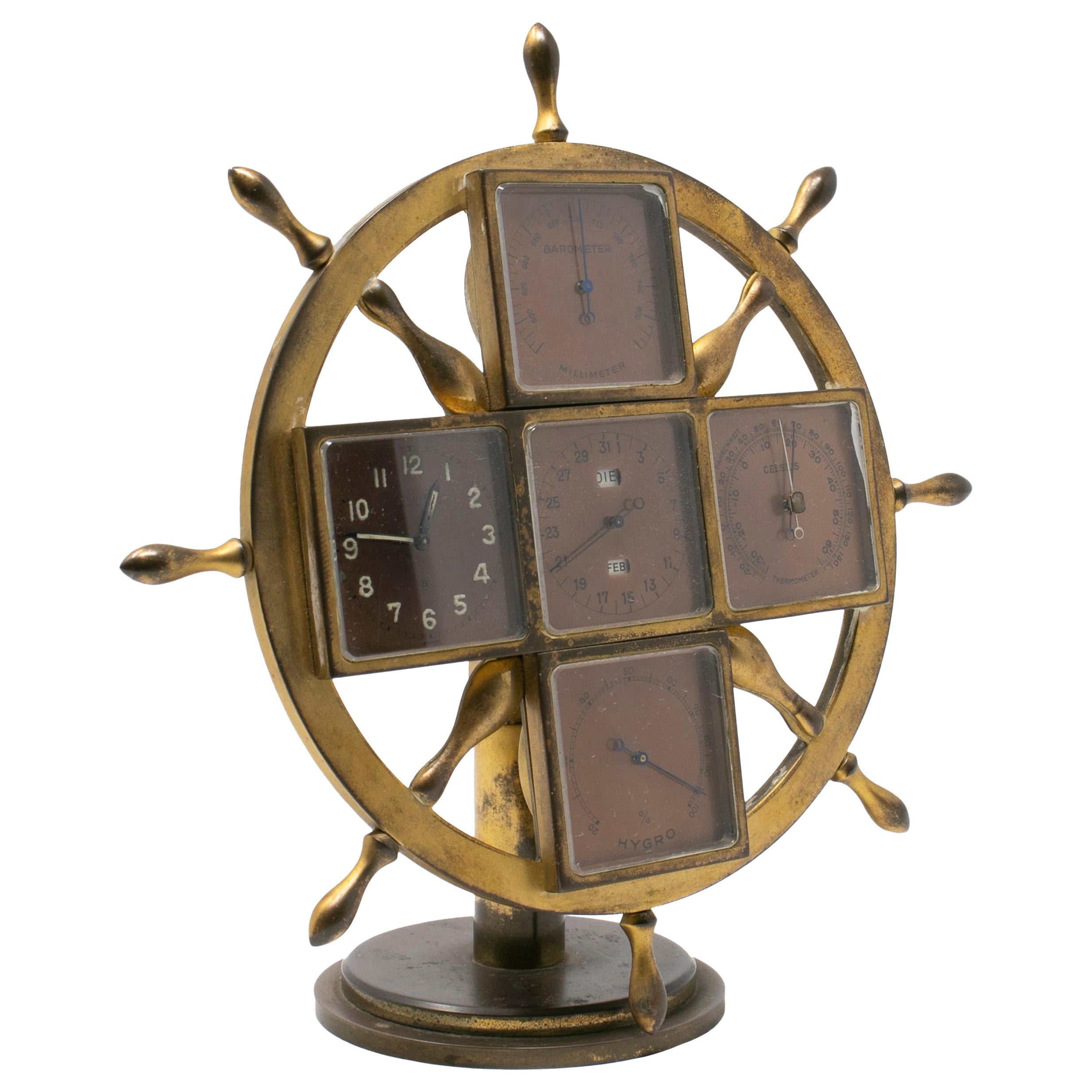 19th Century Bronze Boat Captain Ship's Wheel Shaped Table Clock For Sale
