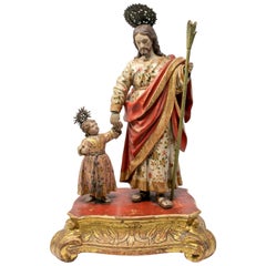 Antique 18th Century Spanish Andalusian Giltwood St Joseph with the Infant Sculpture