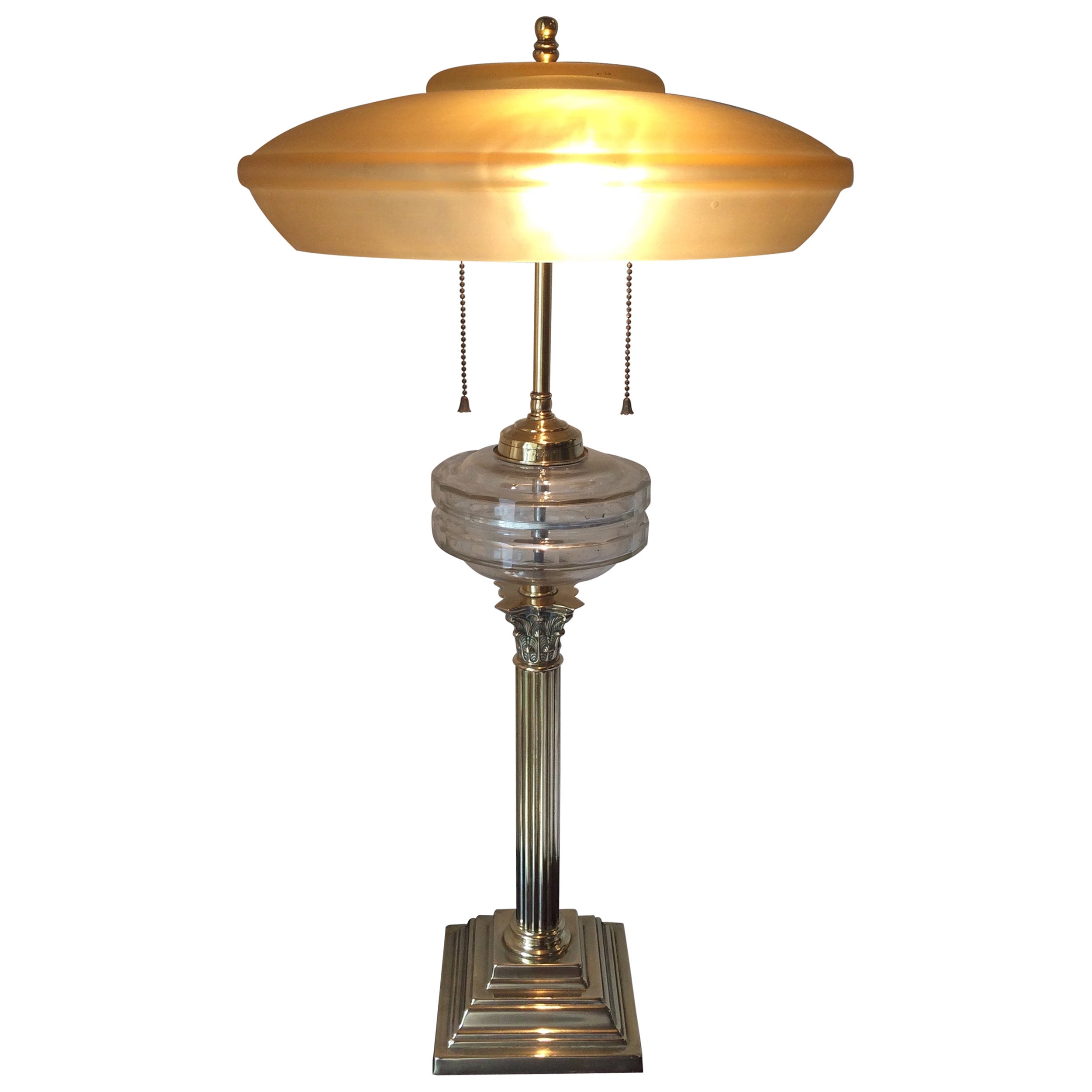 Large Brass Antique English Oil Table Lamp by Samuel S. Messenger For Sale