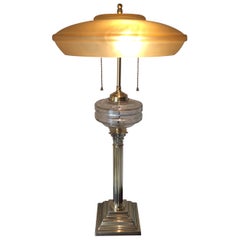 Large Brass Antique English Oil Table Lamp by Samuel S. Messenger
