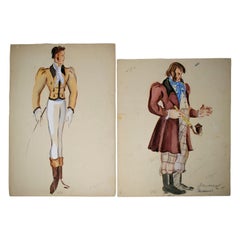 1980s Pair of Russian Gentlemen Watercolors Drawings