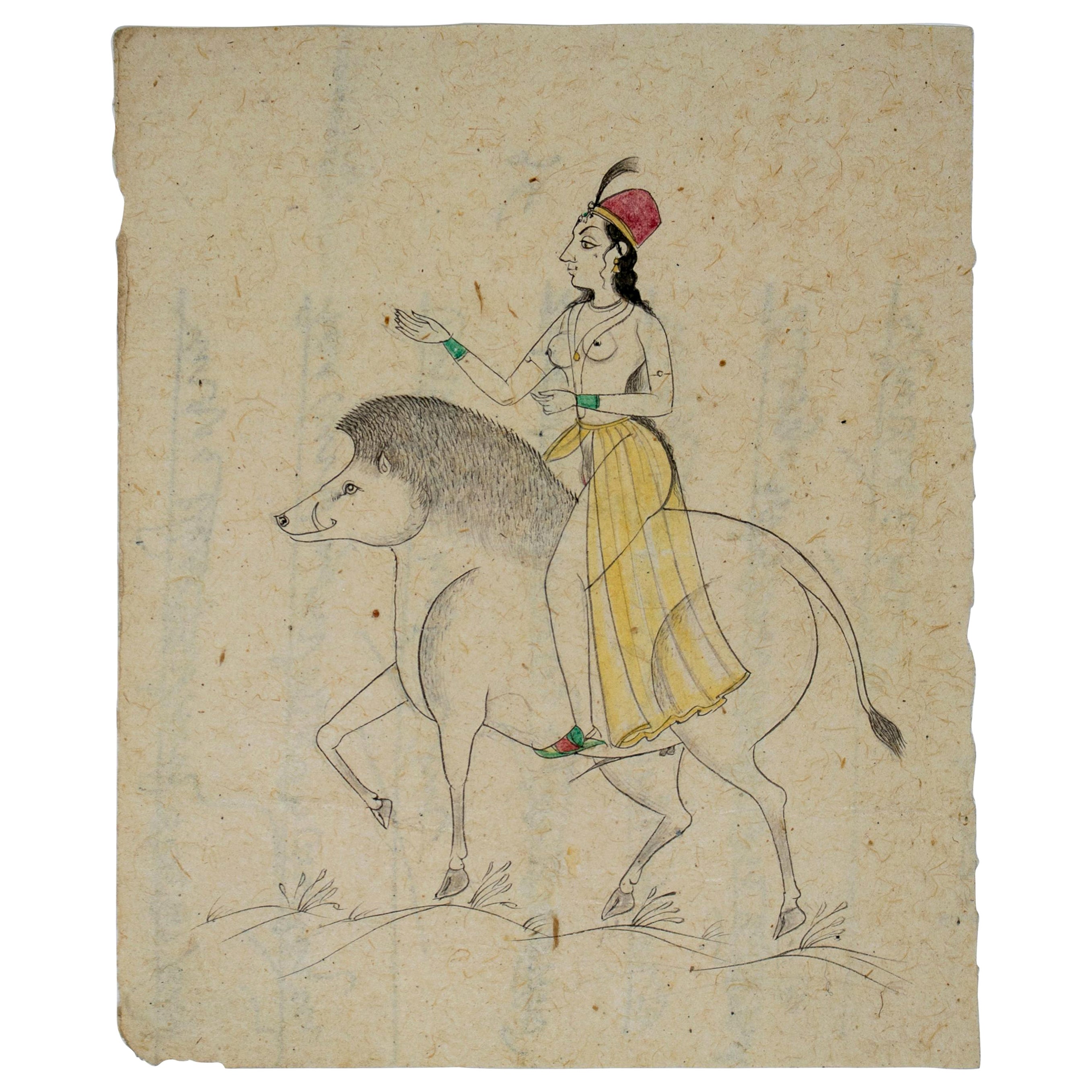 1970s Indian Paper Drawing of a Woman Riding a Tapir For Sale