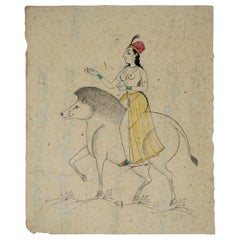 Vintage 1970s Indian Paper Drawing of a Woman Riding a Tapir