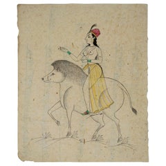 dessin indien sur papier des années 1970 d'une femme chevauchant un tapir