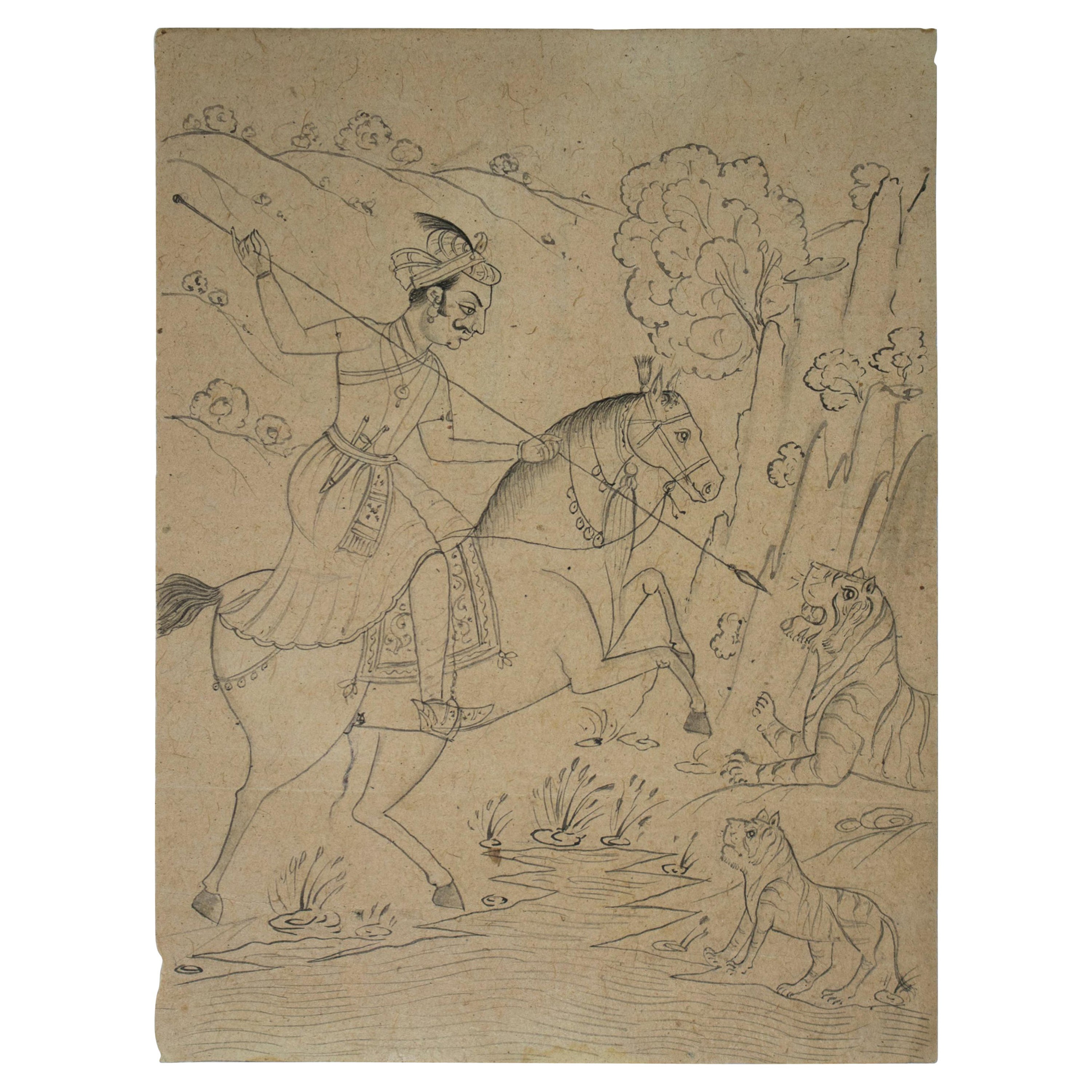 dessin indien sur papier des années 1970 représentant un cavalier chassant un tigre avec une lance