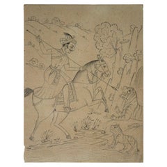 1970s Indian Paper Drawing of Horse Rider Hunting Tiger with Spear