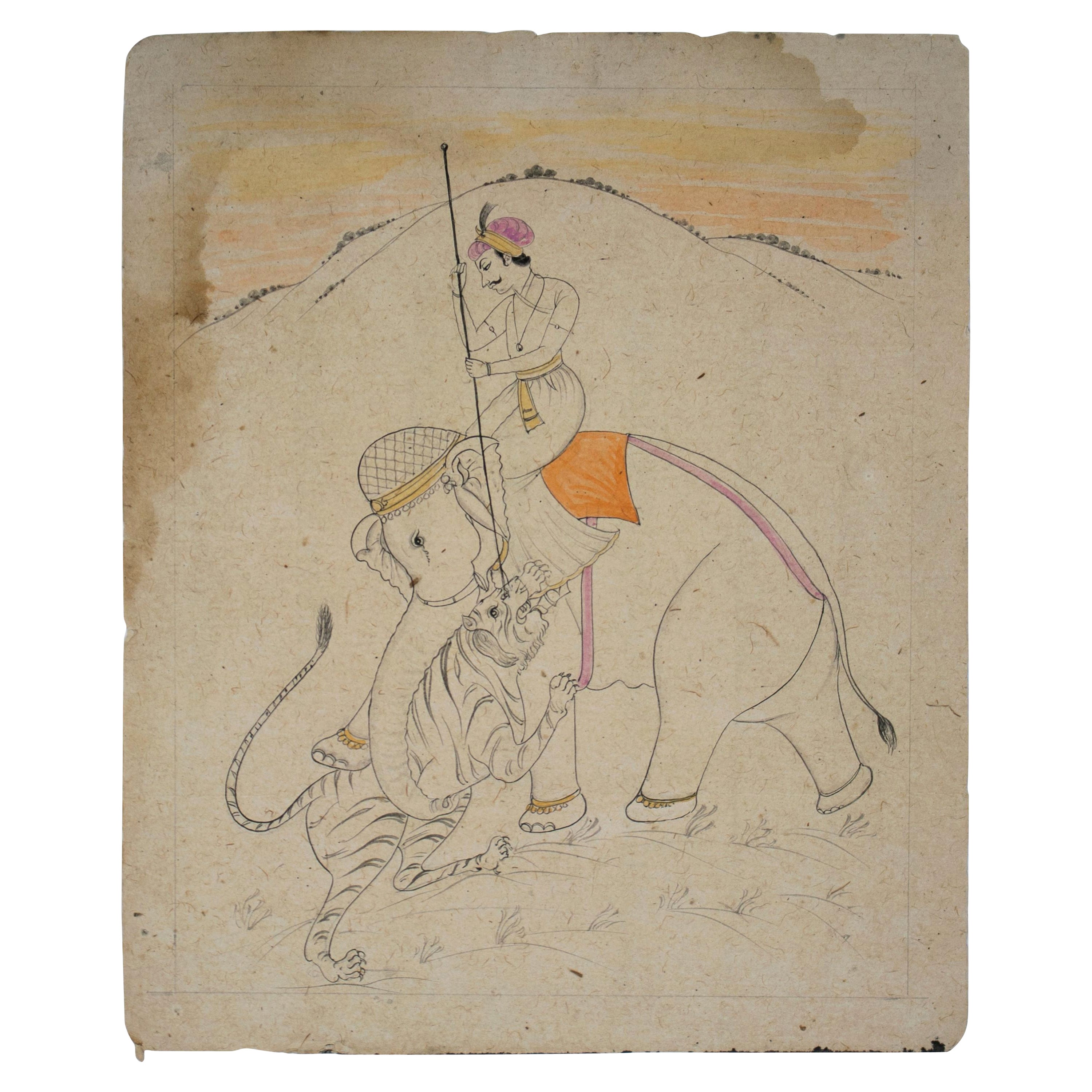 dessin indien sur papier des années 1970 représentant un homme chevauchant un éléphant