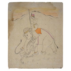 Vintage 1970s Indian Paper Drawing of Man Riding an Elephant