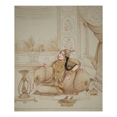 Vintage 1970s Indian Paper Drawing of a Woman Sitting in a Palace Room