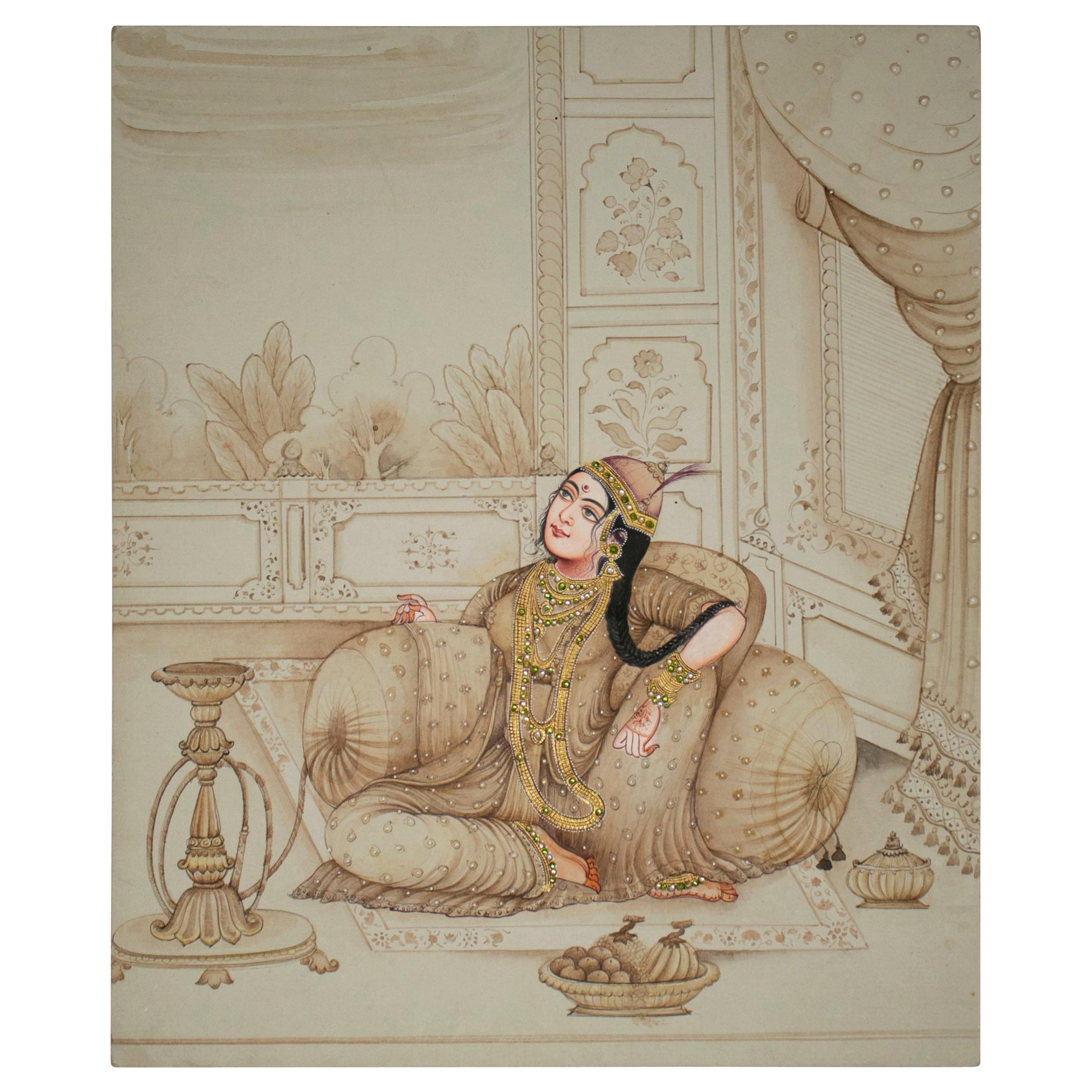 dessin indien sur papier des années 1970 d'une femme assise dans une salle de palais