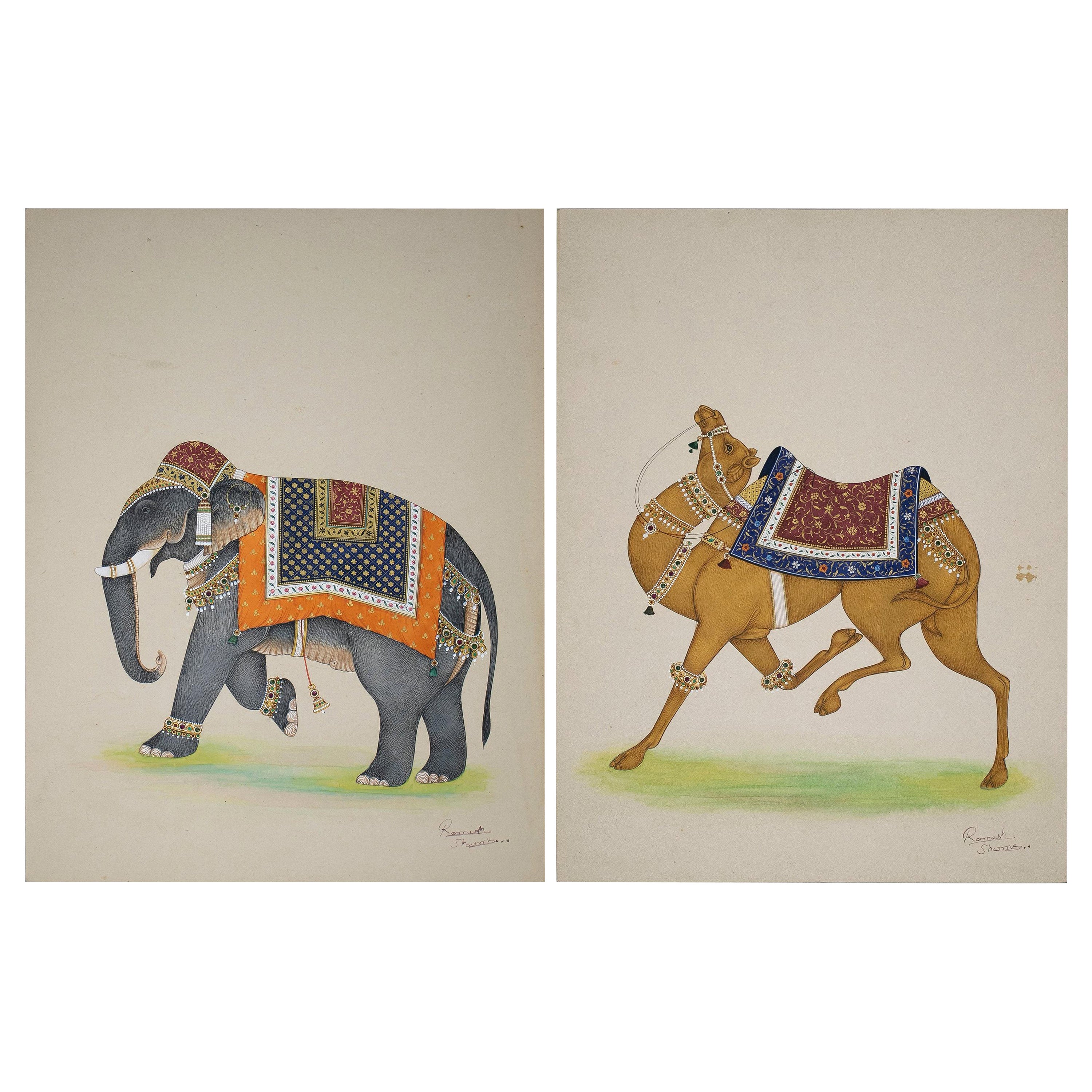 Ramesh Shames, Indian Pair of Elephant and Camel Paper Drawings, 1970s For Sale