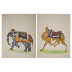 Vintage Ramesh Shames, Indian Pair of Elephant and Camel Paper Drawings, 1970s