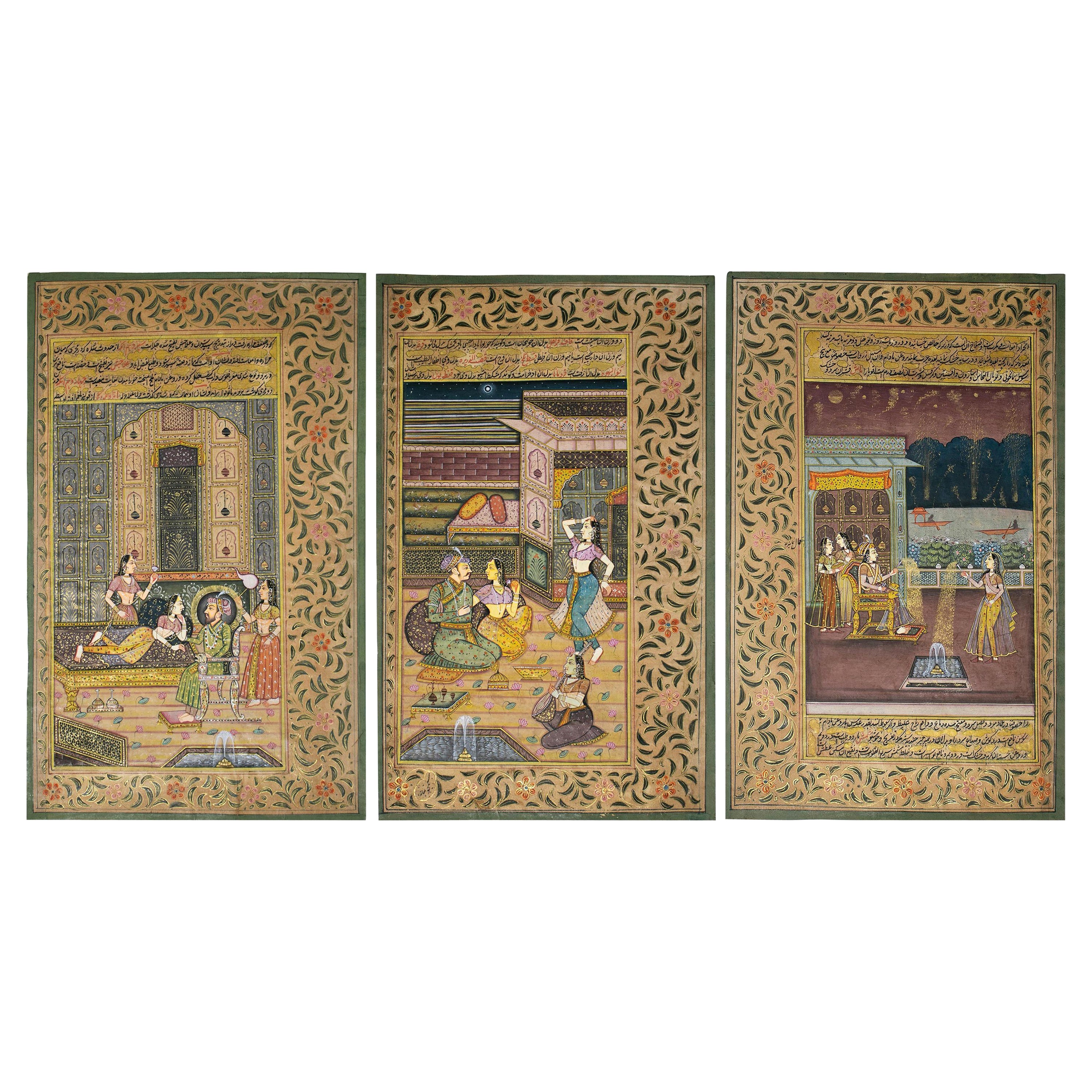 ensemble de trois dessins colorés de la cour royale de l'Inde des années 1970 en vente