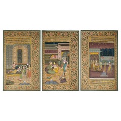 Vintage 1970s, Indian Set of Three Colorful Drawings of the Royal Court