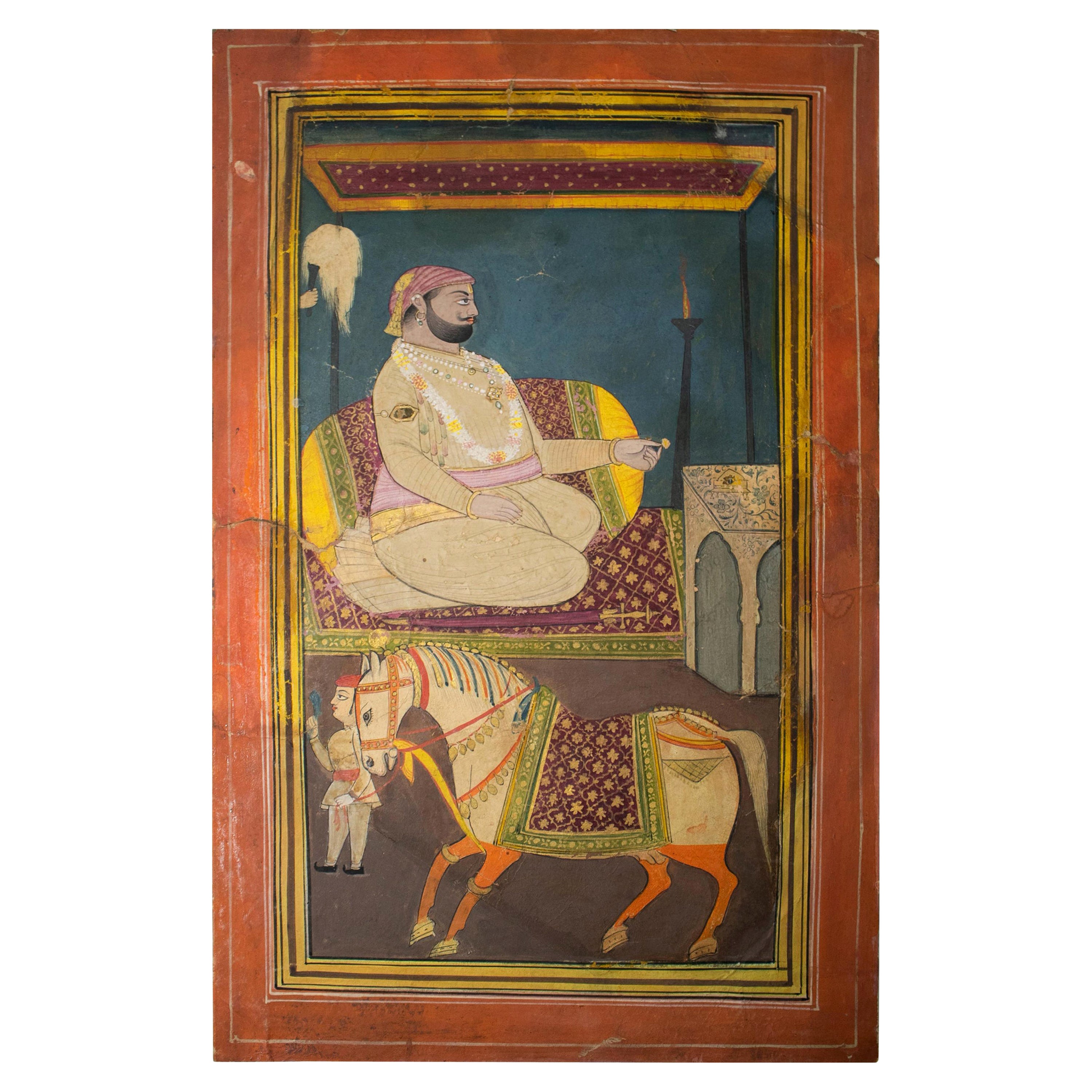 Disegno indiano colorato degli anni '50 di un reale con cavallo