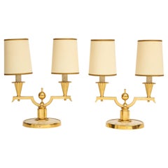 Elegant Pair of Art Deco Brass and Parchment Table Lamps by Genet Michon