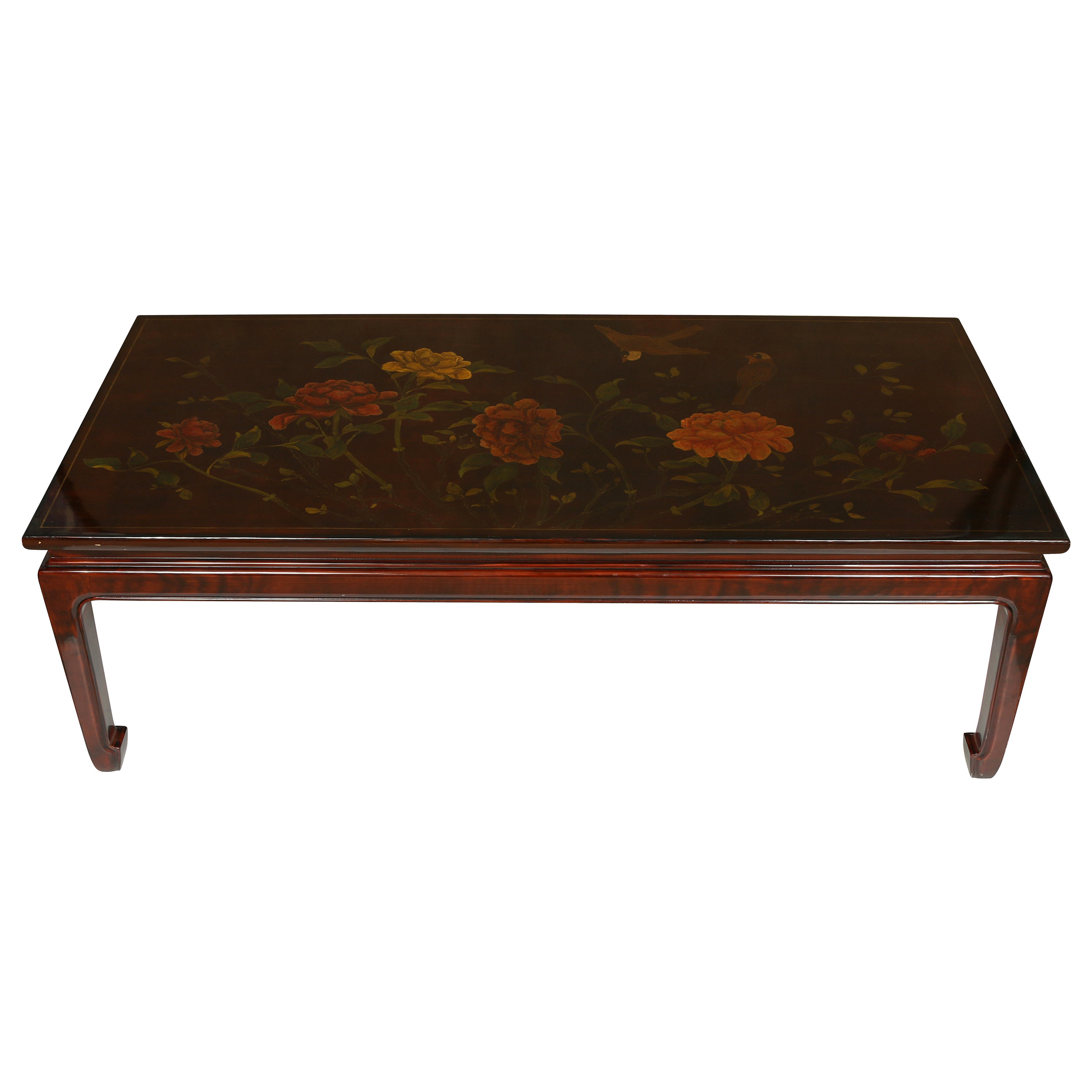 Chinese Wood Coffee Table with Chinoiserie Lacquer Decoration For Sale
