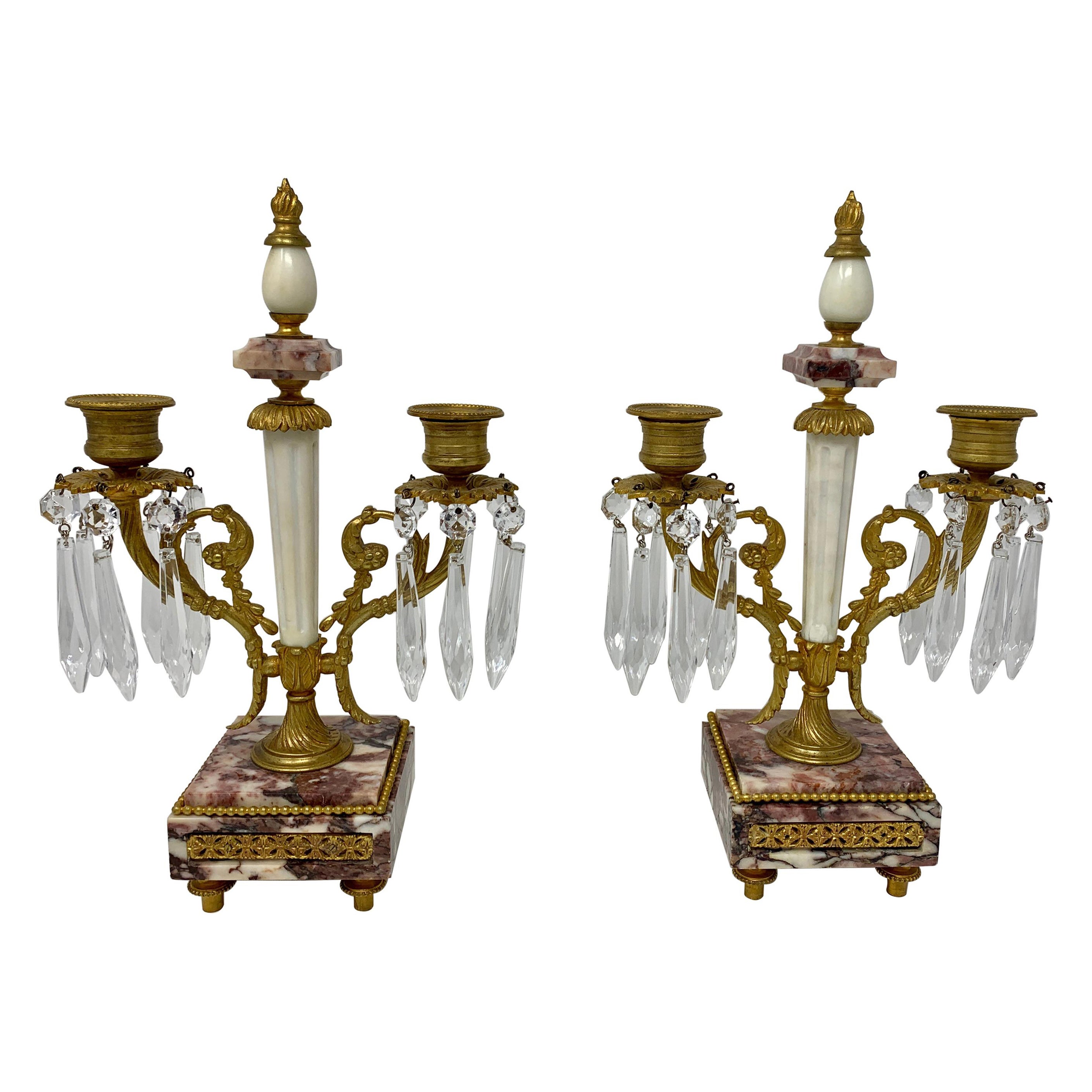 Pair of French Marble, Bronze Doré & Crystal Candlesticks