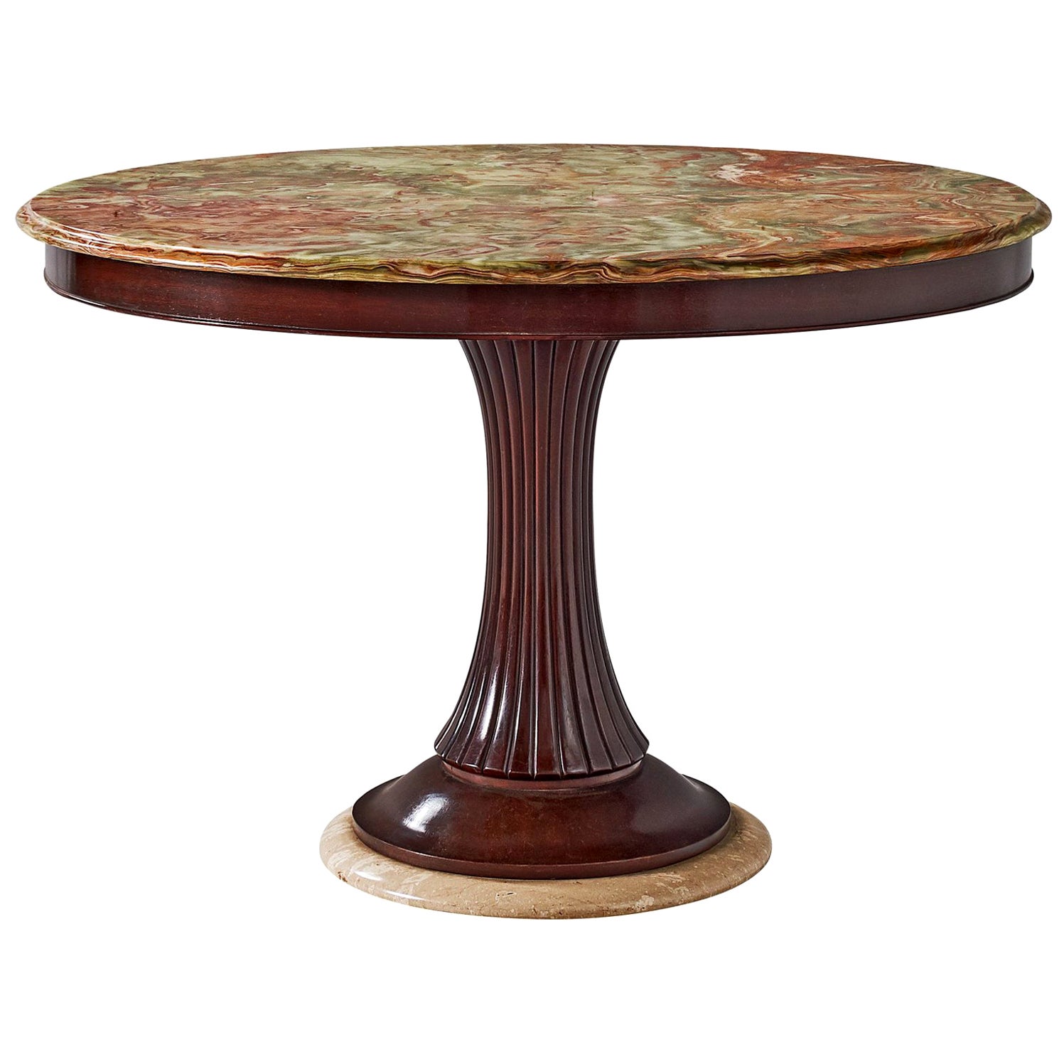 Sculptural Italian Brass And Chrome Pedestal Table With Round Glass Top