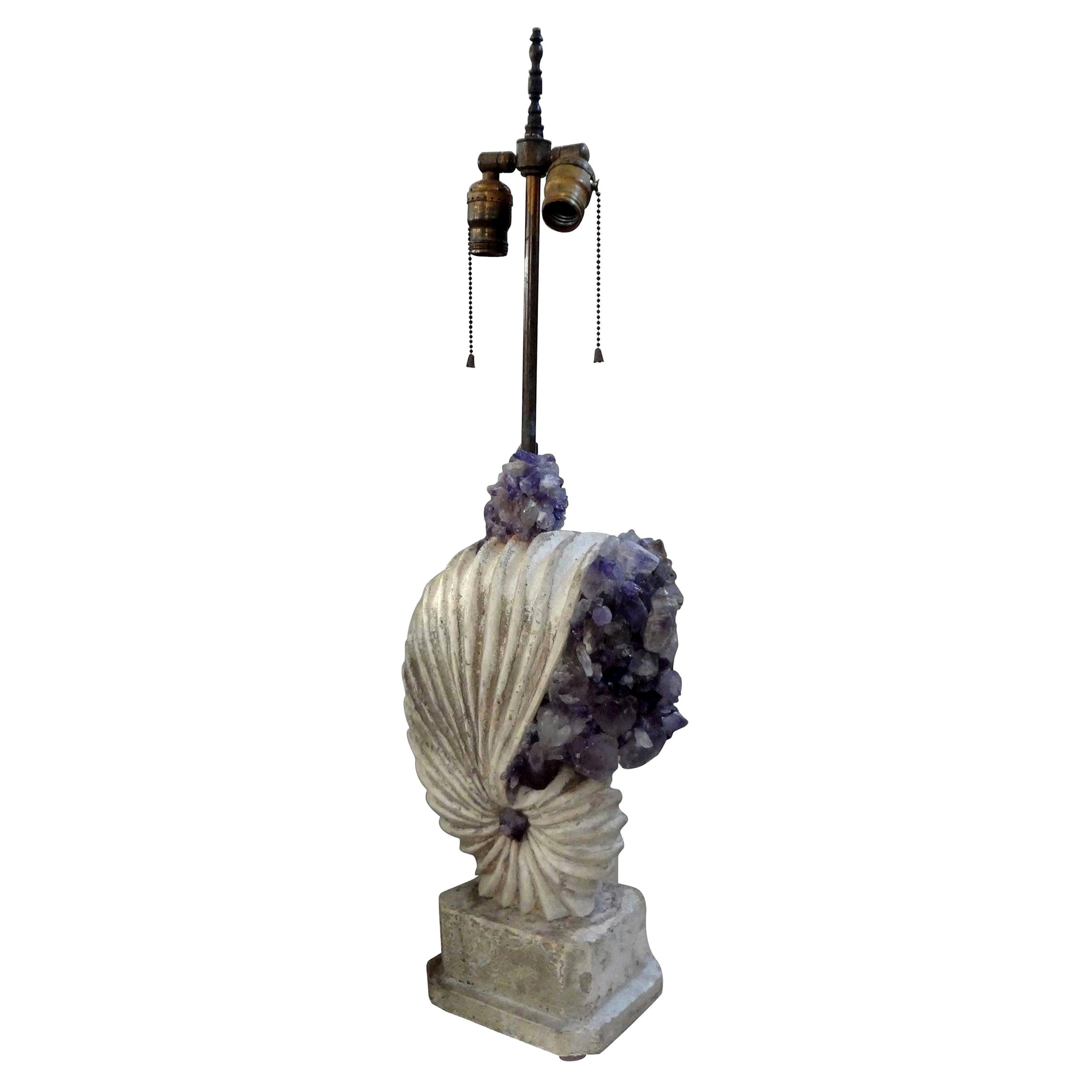 Stone Nautilus Shell Lamp Encrusted with Amethyst Rock Crystals For Sale