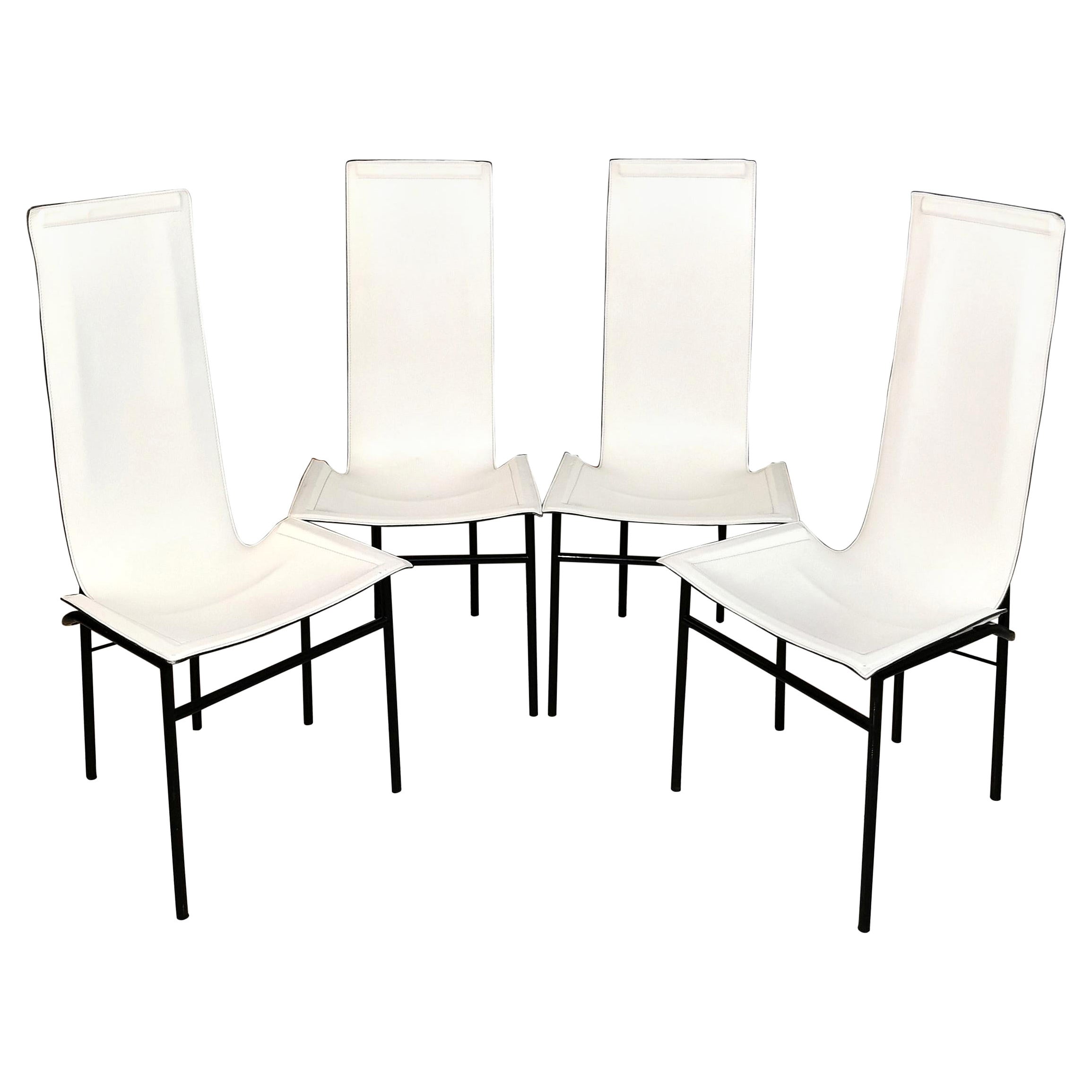 Mid-Century Modern Dining Room Chairs White Leather Metal Italy 1980s Set of 4