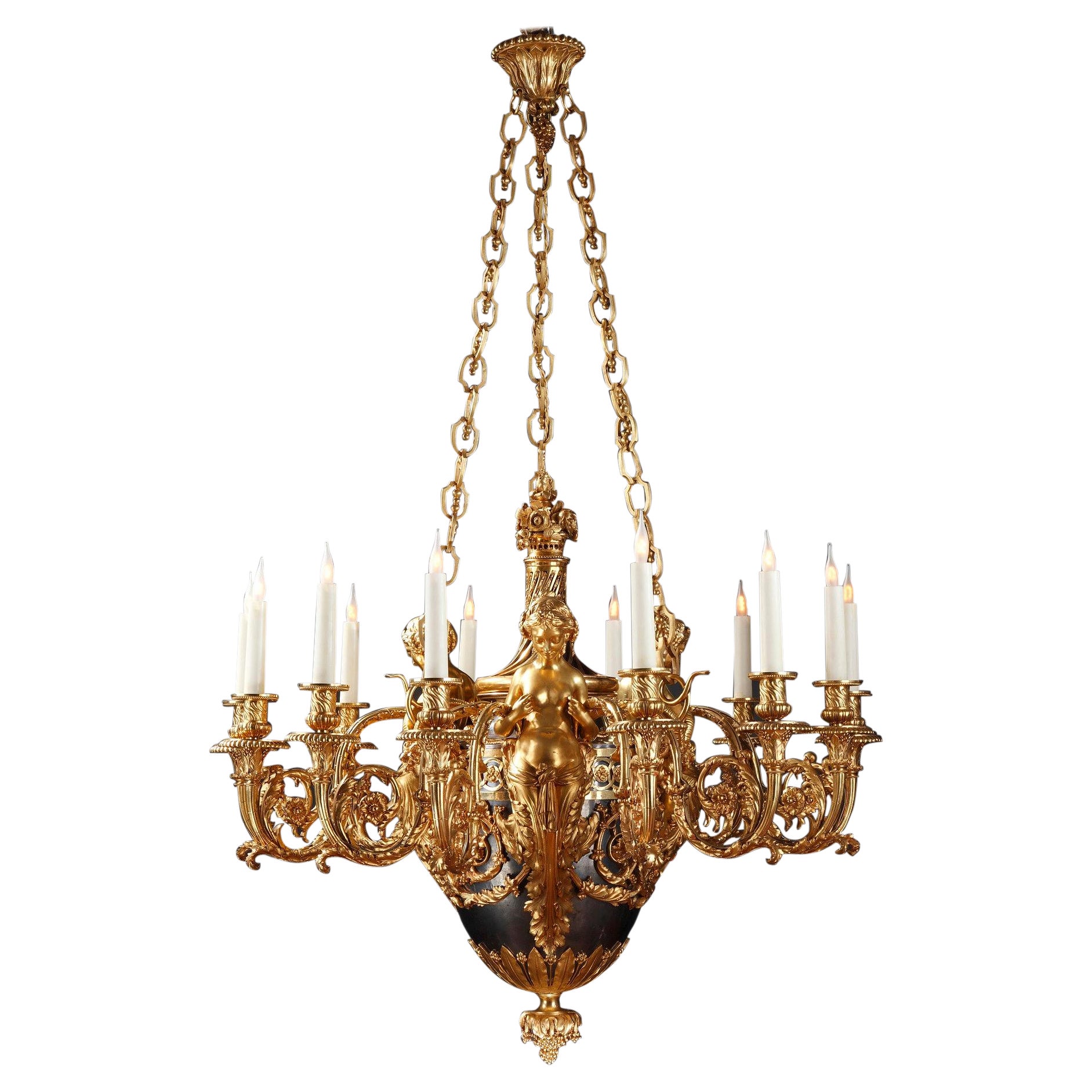 Gilded and Patinated Bronze Chandelier by A.E. Beurdeley, France, Circa 1880 For Sale