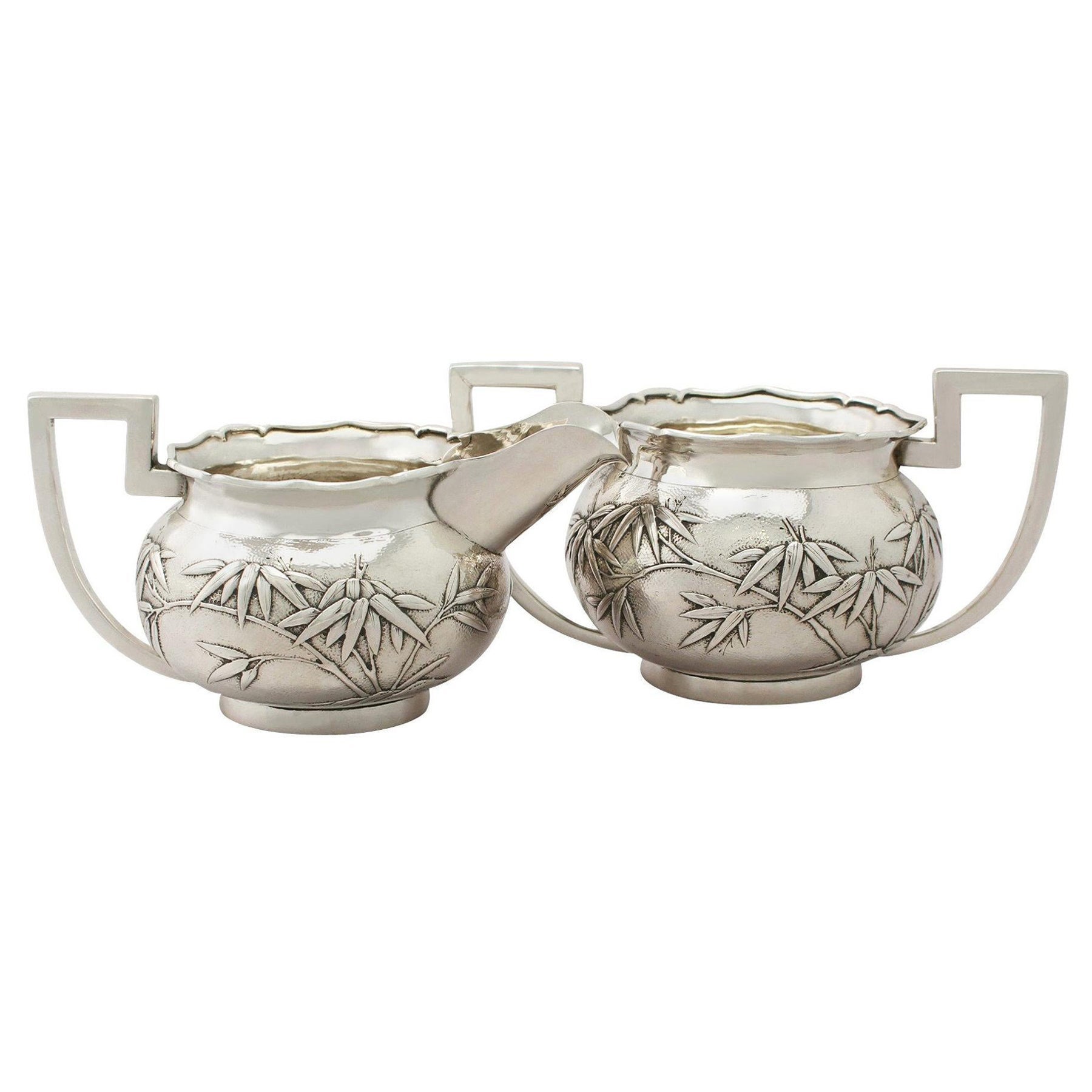 1900s Chinese Export Silver Cream Jug / Creamer and Sugar Bowl For Sale