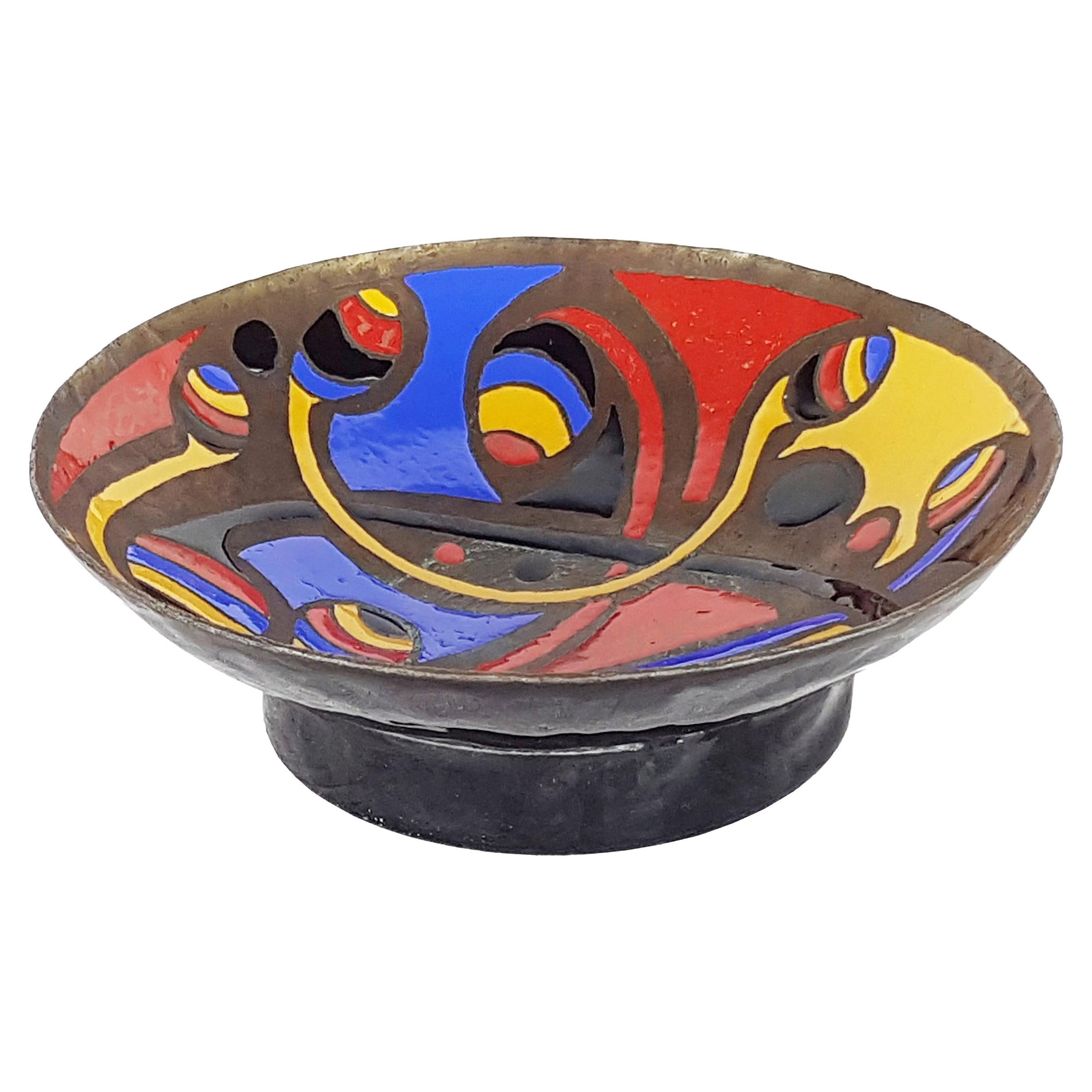 Multicolored Enameled Bronze Bowl Centerpiece Manufactured in 1972 Mario Marè