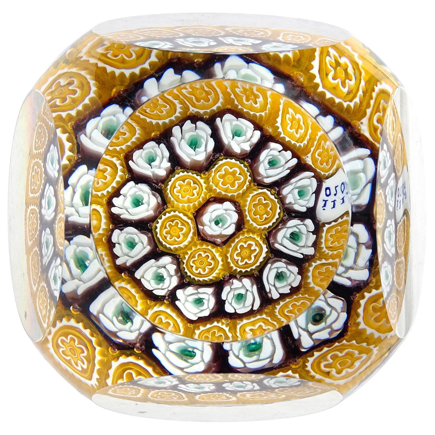 Fratelli Toso Murano Roses Yellow Flowers Mosaic Italian Art Glass Paperweight