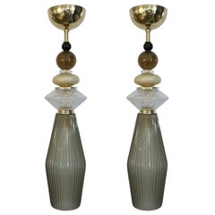 Custom Italian Crystal Gold and Gray Green Murano Glass Pair of Pendant Lights
