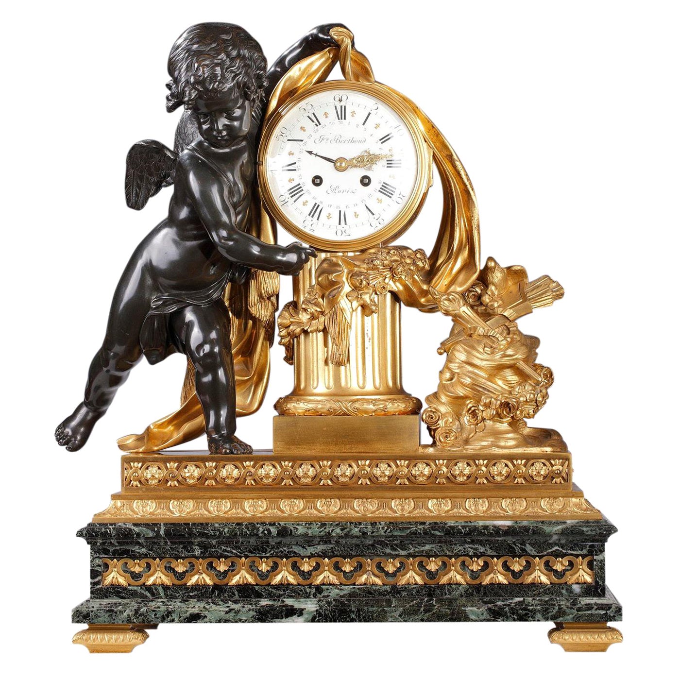 Gilded & Patinated "Cupid" Clock Signed F. Berthoud, France, circa 1880